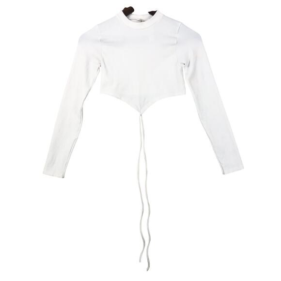 ANWND Women's White Long Sleeve Rib Knit Cropped Top with String Tie - S/M - Picture 1 of 15